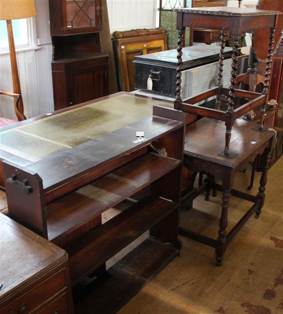 Victorian carved oak side table; oak three-tier open bookcase & oak wave-edge occasional table